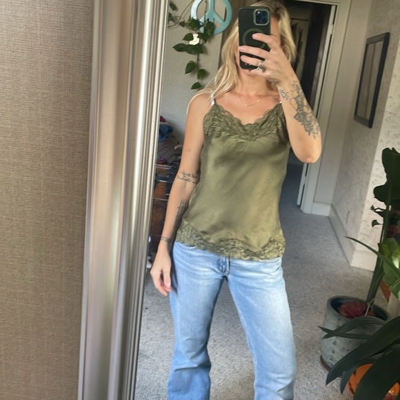 Vintage Y2k Gold Hawk Elegant Olive Green Lace Trim Silk Camisole - Picture 1 of 13